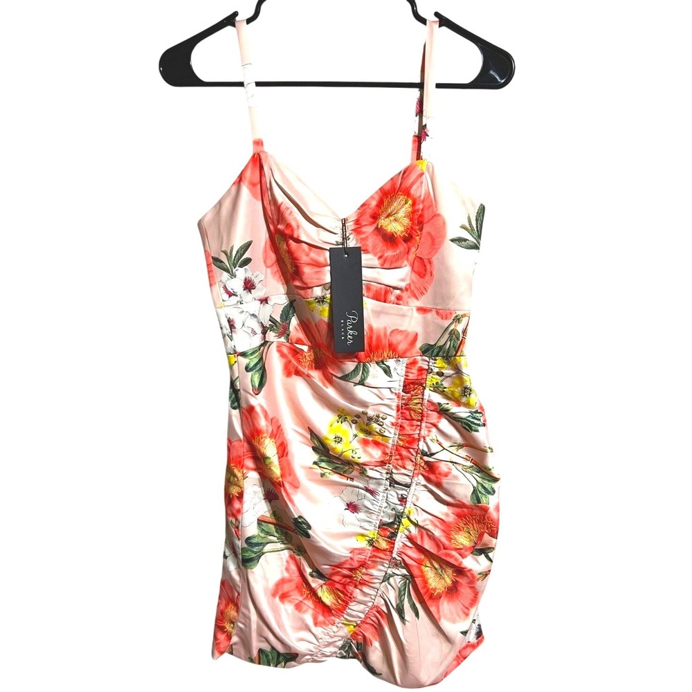 Parker Black Blush Anise Bloom Floral Ruched Satin Mini Dress coquette New 4